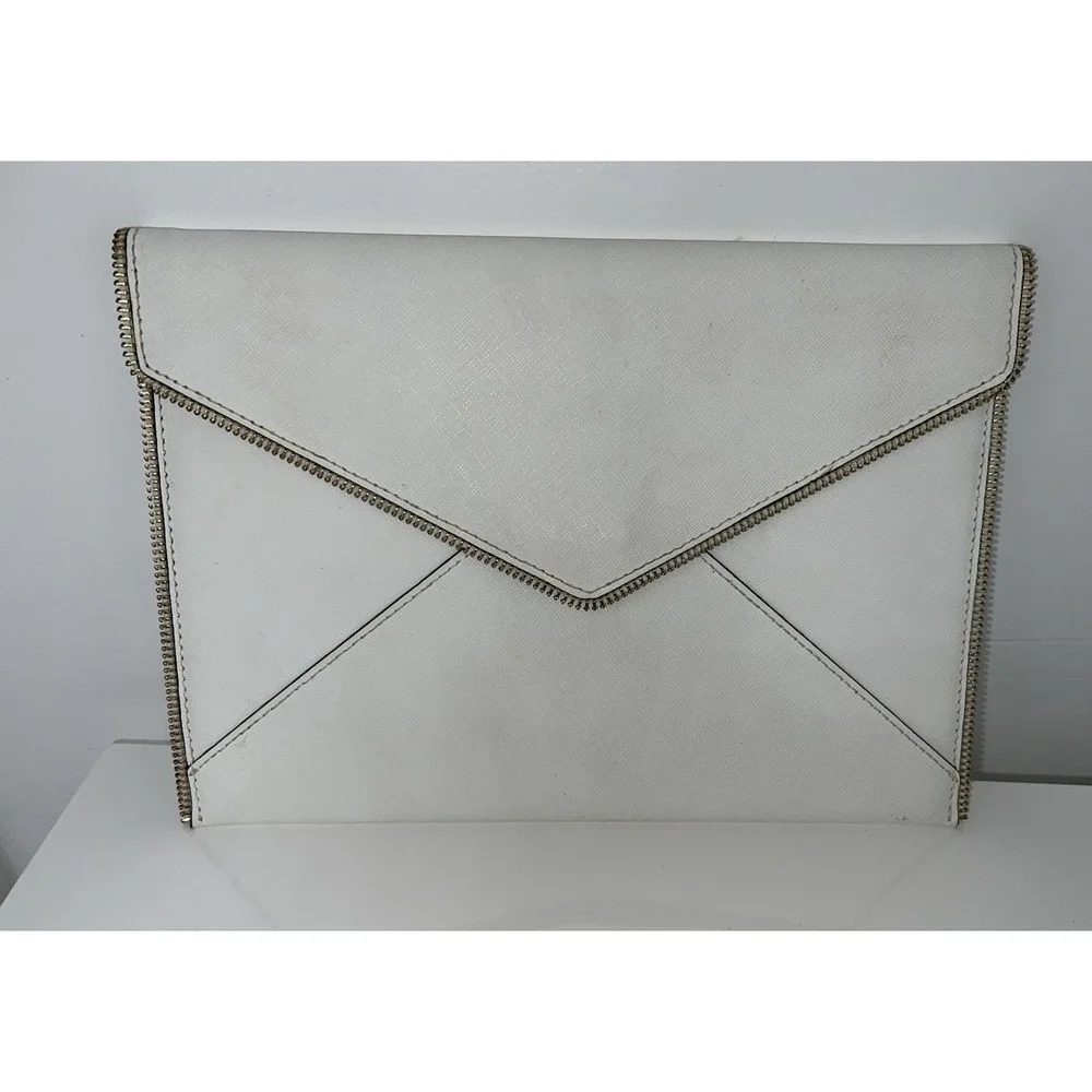 (…5)Rebecca Minkoff  Envelope Clutch Purse Bag Zipper 2 Pockets Leather White